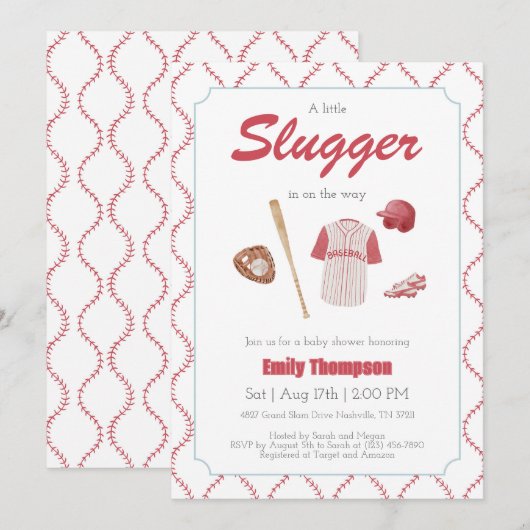 Red A Little Slugger Baby shower invitation (Devant / Derrière)