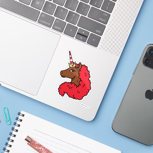 Red Afro Unicorn Sticker (Laptop met iPhone)