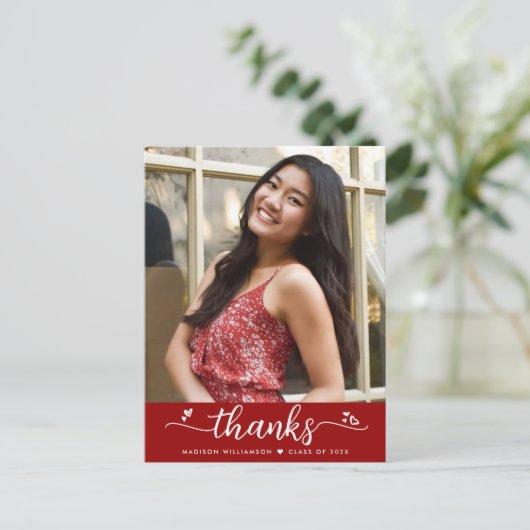 Red Afstuderen Photo Script Hearts Bold Bedankt Briefkaart (Staand voorkant)