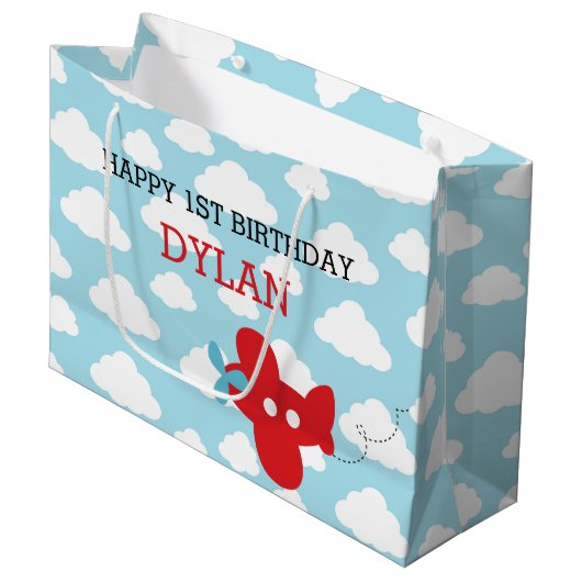 Red Airplane Gift Bags - Schattige Plane Cloud Ver Groot Cadeauzakje (Voorkant Gekanteld)