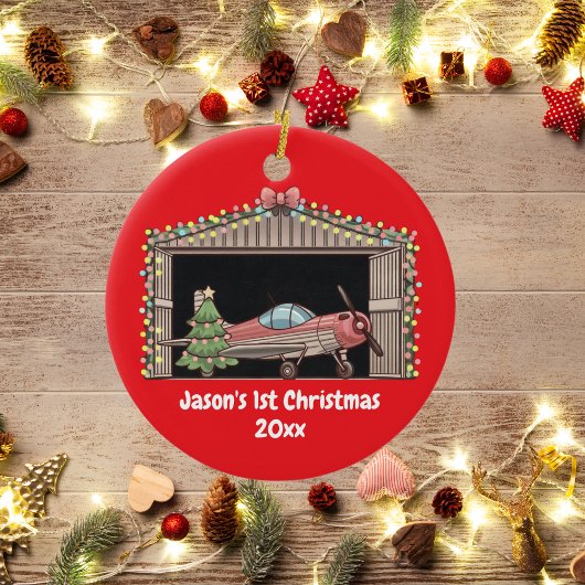 Red Airplane & Tree First Christmas gepersonalisee Keramisch Ornament