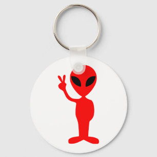 Red Alien Gesturing Peace Sign met hand Sleutelhanger