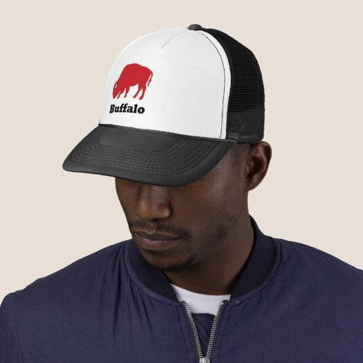 Red American Icon Buffalo trucker hat Trucker Pet (In situ)