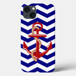Red Anchor Nautical Chevron Stripes iPhone 13 Hoesje