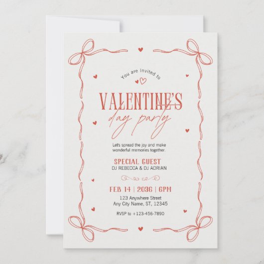 Red And Beige Valentine's Day Party Invitation Kaart (Voorkant)