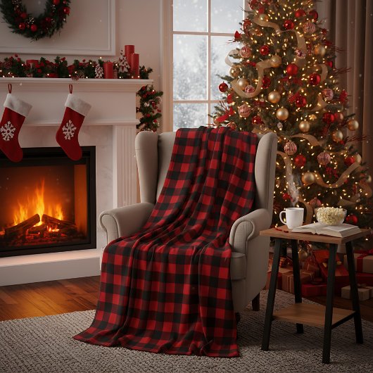 Red and Black Buffalo Plaid Christmas Check Fleece Deken