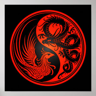Red and Black Dragon Phoenix Yin Yang Poster