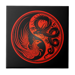 Red and Black Dragon Phoenix Yin Yang Tegeltje
