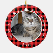 Red and Black Gingham Cat is mijn eerste Kerstmis Keramisch Ornament (Achterkant)