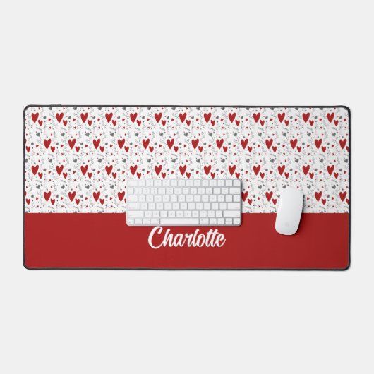 Red and Black Retro Hearts Monogram Name Bureaumat (Keyboard & Muis)