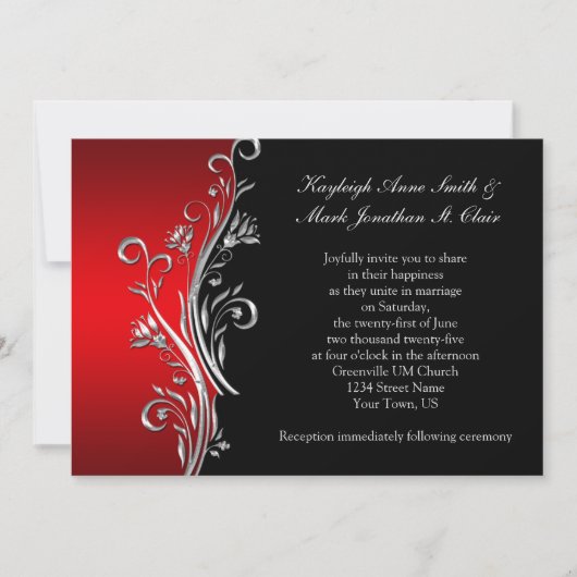 Red and Black Silver Swirls Wedding Aankondiging (Voorkant)