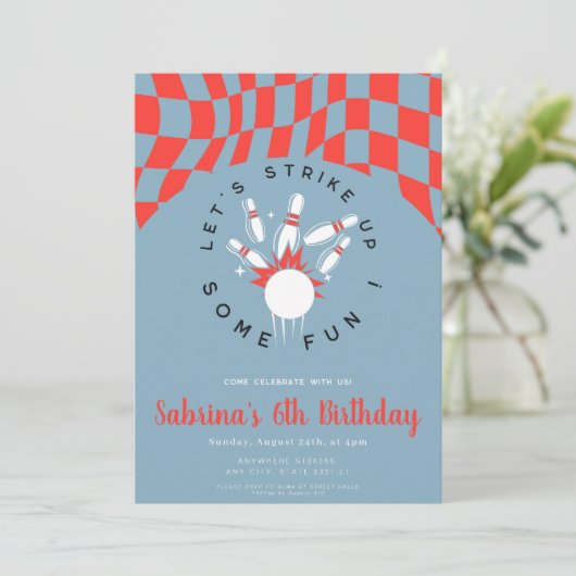 red and blue bowling boy birthday invitation kaart (Staand voorkant)