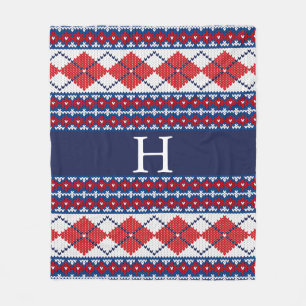 Red and Blue Fair Isle Nordic Argyle Monogram Fleece Deken