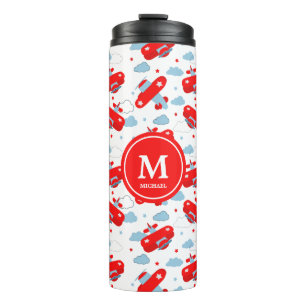 Red and Blue Planes and Clouds Kids Monogram Thermosbeker