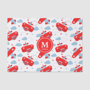 Red and Blue Planes and Clouds Kids Monogram Tissuepapier