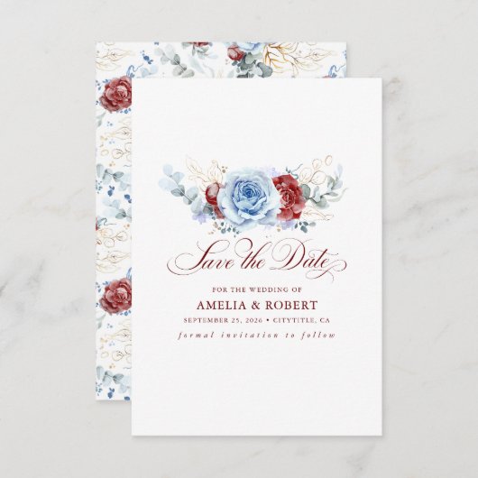 Red and Dusty Blue Floral Save the Date (Voorkant / Achterkant)