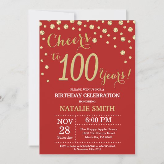 Red and Gold 100th Birthday Diamond Invitation (Devant)