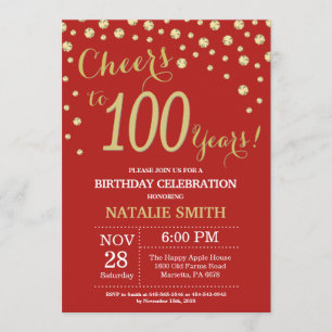 Red and Gold 100th Birthday Diamond Invitation