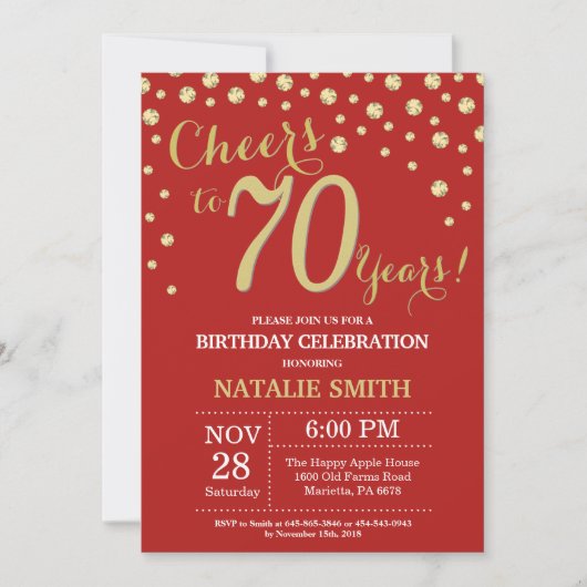Red and Gold 70th Birthday Diamond Invitation (Devant)