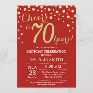 Red and Gold 70th Birthday Diamond Invitation Kaart