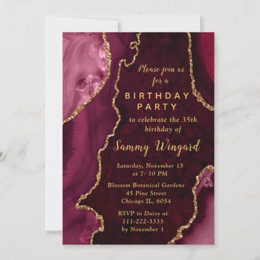 Red and Gold Agate Marble Birthday Party Kaart (Voorkant)
