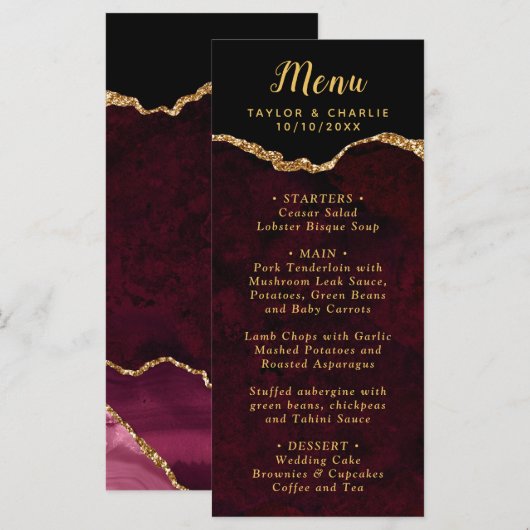 Red and Gold Agate Marble Wedding Menu (Voorkant / Achterkant)