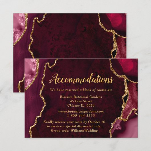 Red and Gold Agate Wedding Accommodations Informatiekaartje (Voorkant / Achterkant)