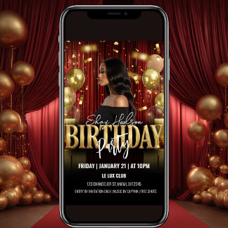 Red and Gold Birthday Party Invitation Kaart