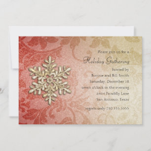 Red and Gold Damask Snowflake Holiday Party Kaart
