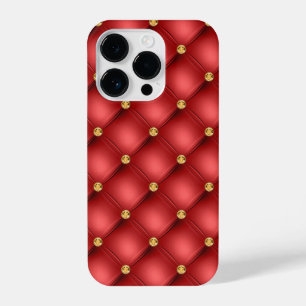 Red and Gold Diamond Tufted Leather Luxury Jewel iPhone 14 Plus Hoesje