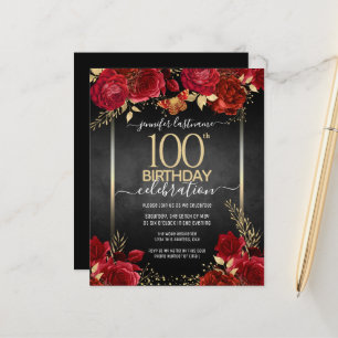 Red and Gold Floral 100th Birthday Invitation