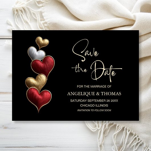 Red and Gold Hearts Wedding Save the Date