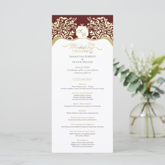 Red and Gold Monogram Wedding Program Programma (Staand voorkant)