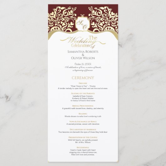 Red and Gold Monogram Wedding Program Programma (Voorkant)