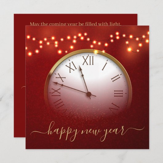Red and Gold New Year’s Card with Midnight Clock Feestdagenkaart (Voorkant / Achterkant)