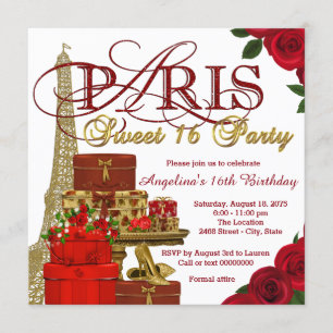 Red and Gold Paris Sweet 16 Party Kaart