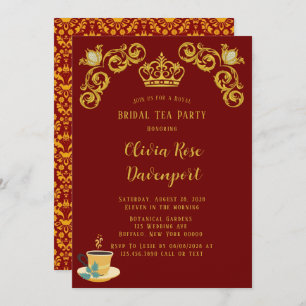 Red and Gold Royal Crown Damask Bridal Tea Party Kaart