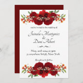 Red and gold rustic flower wedding invitation (Devant / Derrière)