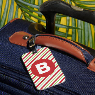 Red and Green Diagonal Pinstripes Monogram Bagagelabel