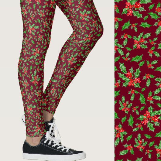 Red and green holly Christmas Patterned Leggings