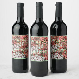 Red and Green Leaves Happy Birthday Wine Labels Wijn Etiket