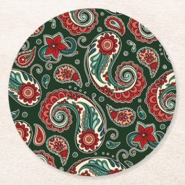 Red and Green Paisley Paper Coaster Ronde Kartonnen Onderzetter
