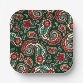 Red and Green Paisley Square Paper Plates Papieren Bordje