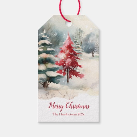 Red and Green Pine Trees Christmas Cadeaulabel (Voorkant)