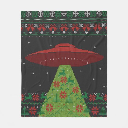 Red and Green UFO Tractor Beam Ugly Kerstmis Fleece Deken (Voorkant)