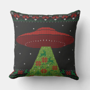Red and Green UFO Tractor Beam Ugly Kerstmis Kussen