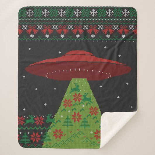 Red and Green UFO Tractor Beam Ugly Kerstmis Sherpa Deken (Voorkant)