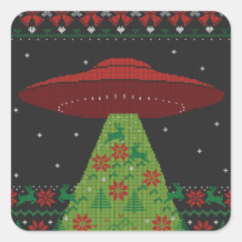 Red and Green UFO Tractor Beam Ugly Kerstmis Vierkante Sticker