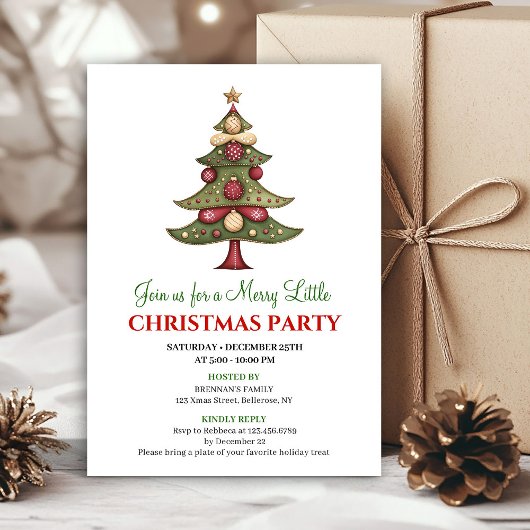 Red and green whimsical Christmas tree invitation Kaart