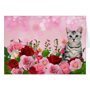 Red and Pink Rose Garden with Tabby Cat Blank